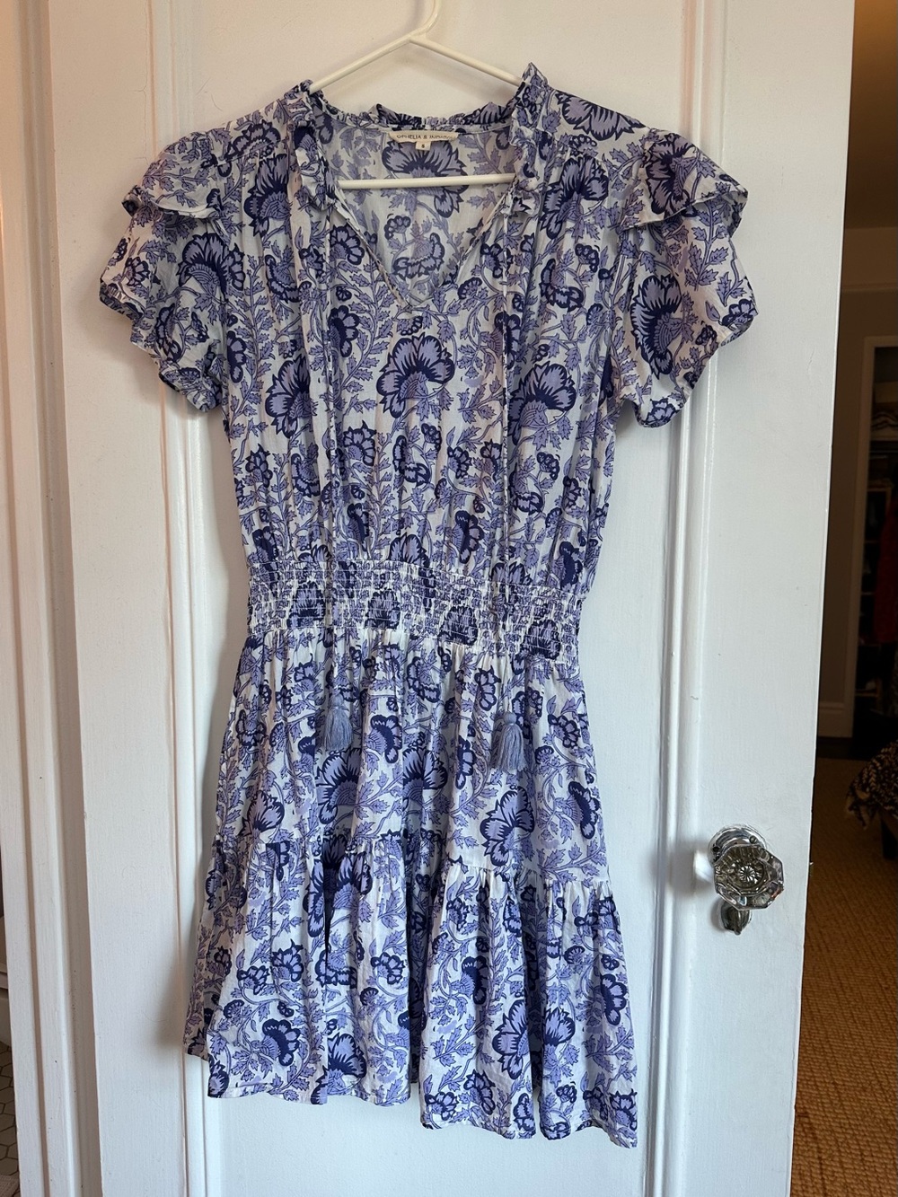 Blue Floral Smocked Mini Dress with Flutter Sleeves